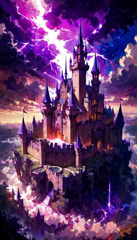 A massive, dark demon castle floats in the sky, surrounded by jagged towers and glowing with an ominous purple aura. The sky around it is clear and bright, with sunlight shining down, but directly above the castle, a single dense, dark raincloud looms. Lig...