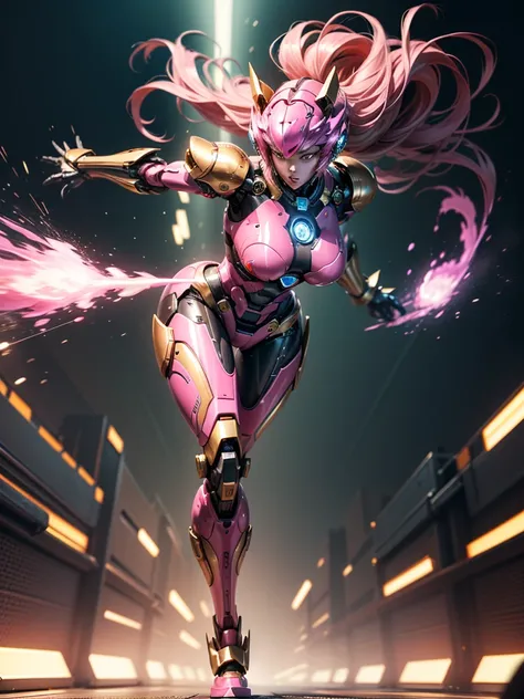 A dynamic girl-type robot with a huge and heavy-looking body.、Running and moving<solo、Metallic pink body、Extremely long legs、Perfect proportions