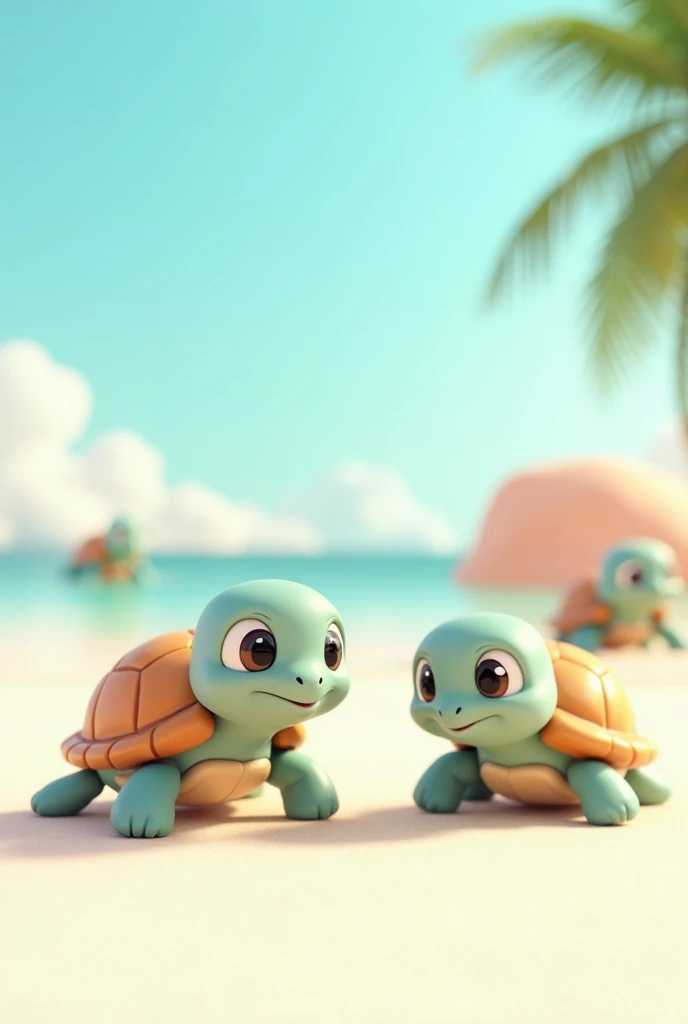 make several cute 3d turtles with various emotions on a white background separated far from each other cute animation style beach vibe 