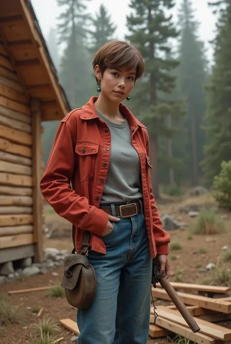 (photorealism:1.2), A beautiful woman ,hair with pixie cut style brown color   ,wearing a gray shirt inside,wearing a red shirt outside ,wearing earrings,blue boots,Loose denim jeans pants Building a plank house on the edge of a pine forest .the background...