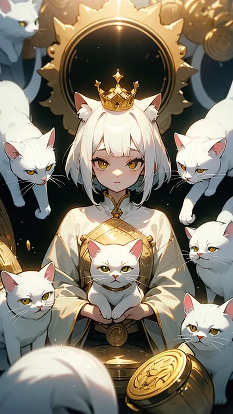 With a crown on his head々White cat sitting with, Surrounded by shiny coins. The scene is mysterious and symmetrical, bright, Luxurious atmosphere. White cats have smooth, shiny fur., Mysteriously shining eyes, Creates a solemn and mysterious atmosphere. Th...