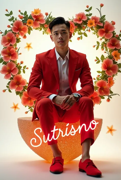 beautiful javanese 20-year-old boy wearing an elegant red 
 suit,red shoes, sitting on a gold acrylic crystal,heart surrounded by small diamonds,neon blue ginkgo leaves and colorful flowers with the name text neon red "sutrisno" engraved in a large glowing...