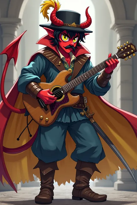 I want the character to be made in anime style, he has yellow eyes, red skin, dark mustache, short dark hair, red horns, black hat with a yellow feather, a red cape with a yellow inside, a blue medieval outfit, a blue-gray medieval pants, and brown medieva...