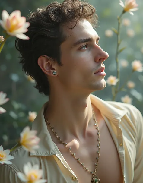 (Photorealistic:1.4, ultra realistic, best quality, 4k, masterpiece:1.2), Fantasy aesthetic, imagine the astrological sign of Libra the harmonious scales represented by a captivating male model with a serene and balanced demeanor. He stands amidst a floati...