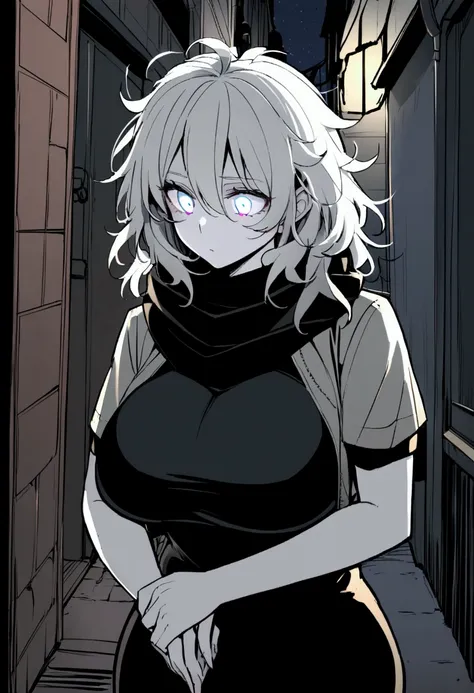 1woman, tall, mature, pale skin, (medium hair, messy hair, white hair, glowing white eyes, big breasts), alleyway, night time, ((baggy short sleeve grey jacket, black scarf, baggy black pants, black shirt)), bored expression, hands folded together.