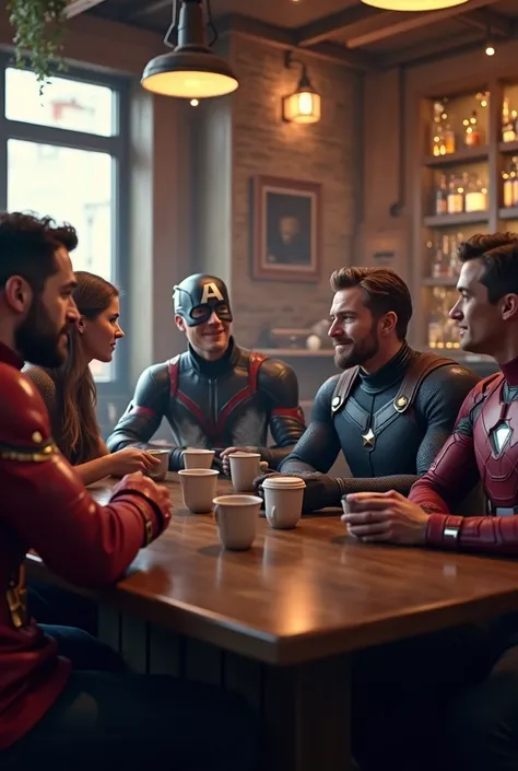 (photorealism:1.2),  The cast of the Marvel Avengers series are sitting having coffee at a bar 
