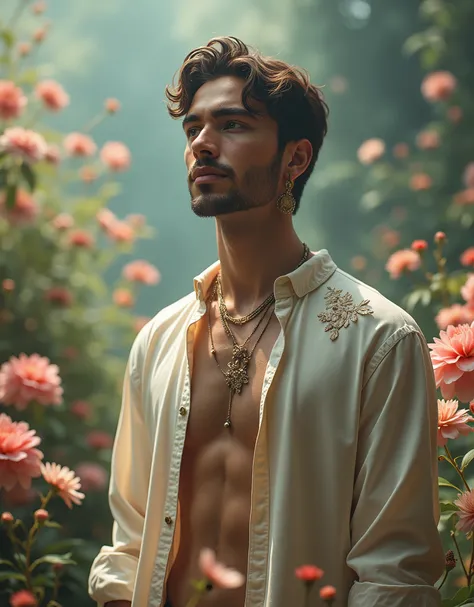 (Photorealistic:1.4, ultra realistic, best quality, 4k, masterpiece:1.2), Fantasy aesthetic, imagine the astrological sign of Libra the harmonious scales represented by a captivating male model with a serene and balanced demeanor. He stands amidst a floati...