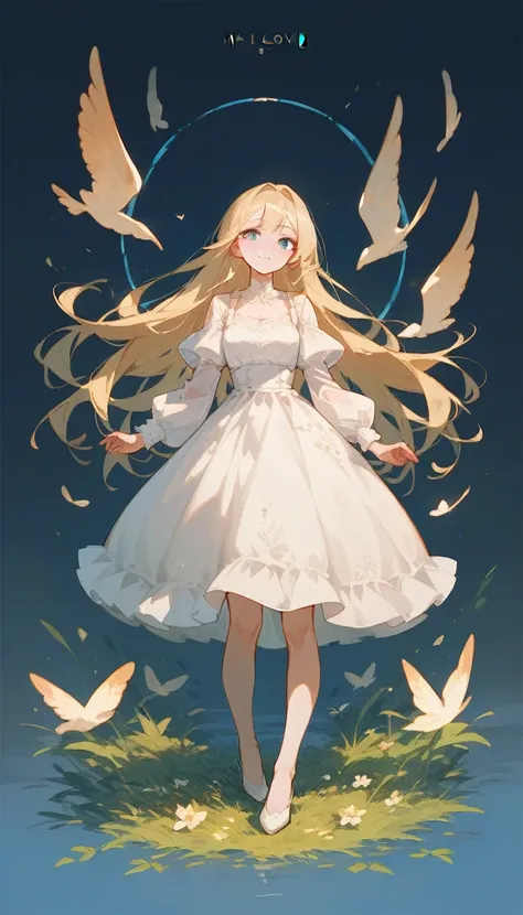 1 girl, solo, long blonde hair, blue eyes, white dress, fullbody, HP love craft style