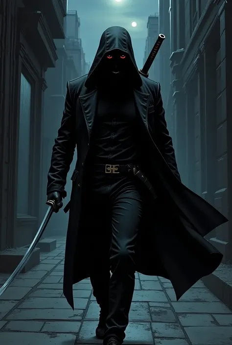 Create a comic book style image of a man in an all black outfit with a mask completely covering his face, with a katana on his back. at night. 