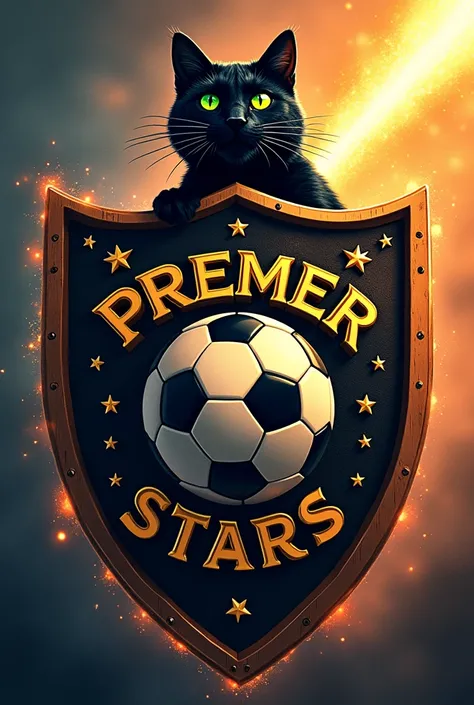 escudo de soccer team, soccer team, Circular, black cat on the side, with green eyes, orange comet, “Premier Stars”, Of course, png, large and wide shield 