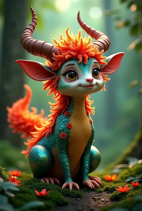 Blue curupira, smiling and happy, playful, with flaming hair, its body is covered in iridescent scales that reflect the surrounding colors. He has curved horns like a ram and long, pointed ears., wearing clothes made of moss and luminescent flowers