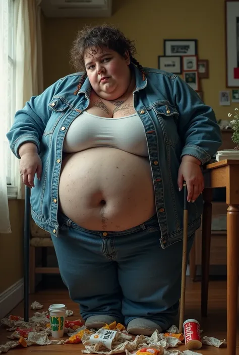 morbidly obese young lady in very extreme tight vintage denim shirt with denim jacket that goes into a corduroy shirt tucked into sweatpants collar buttoned to the neck and pockets with denim jacket with fupa tight grey sweatpants very thick short messy ha...