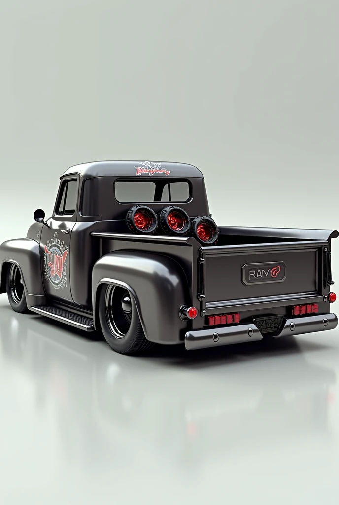 @jokoo || shop:Image of a modified 3D truck logo. This looks strong and stable, plus the paint shines and there is airbrushing on the back of the truck. there are several types of sound systems in the trucks bed,