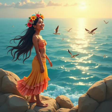 a Peruvian woman, with some flowers in her hair, smiling, on the sea side, rocks, sun, day, birds, flying.