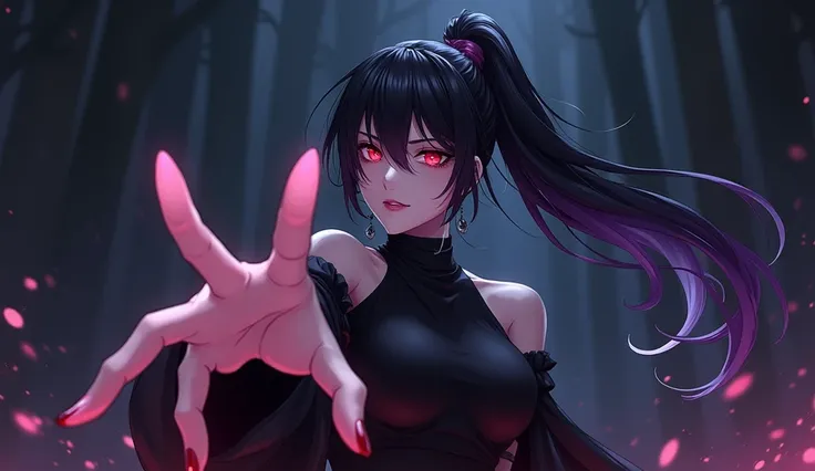 anime art style, female character, black semi short hair degraded to purple with white glowing tips with a long ponytail extension, red evil eyes, dark sclera, pale skin, supremacy pose from the bottom, black dress, extending the hand like it will take me ...