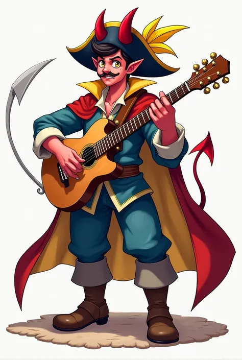 I want the character to be made in anime style, he has yellow eyes, red skin, dark mustache, short dark hair, red horns, black pirate hat with a yellow feather, a red cape with a yellow inside, a blue medieval outfit, a blue-gray medieval pants, and brown ...