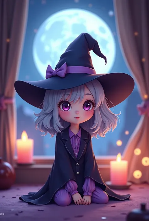 Cute cartoon style woman. She is a little witch. Wears black and purple clothes. has gray hair. She has to be super cute. cute and delicate face. Necessary, Necessary, 
Anime style She&#39;s in a little room doing magic There&#39;s a beautiful moon 