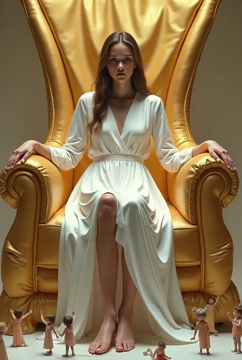 ((High definition, Masterpiece, 8k, Digital Photography, Digital Art, Giantess Art)), ((Natural illumination)), contrast, white illumination, ((A giant girl sitting on a huge throne of gold)), ((Shes sitting over tiny miniature people who are under the leg...