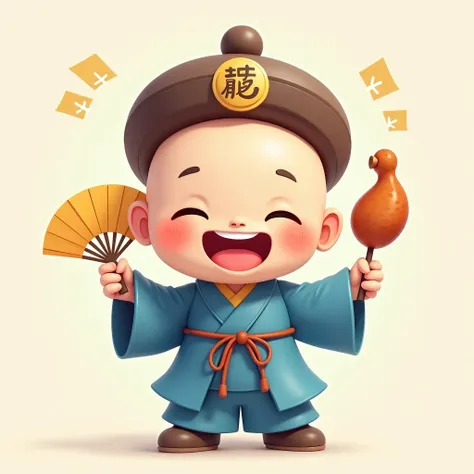 A cute cartoon character inspired by Ji Gong, the legendary Chinese monk. He wears a traditional blue monk robe and a distinctive blue round hat with the word 佛 (Buddha) on the front. The hat has a soft, curved shape, and the character holds a fan in one h...