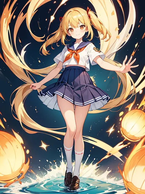 masterpiece, best quality, extremely detailed, anime, 1girl solo girl, shoulder length hair, short side part, blonde, red-orange eyes, school uniform, white sailor suit, navy sailor collar, navy pleated skirt, white socks, calf socks, loafers, short sleeve...