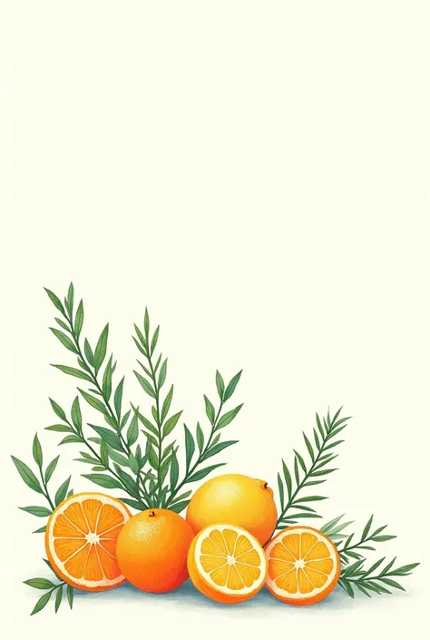 White background with clear space above, below with mint, lemon verbena, rosemary orange slices all mixed up in old anime drawing style