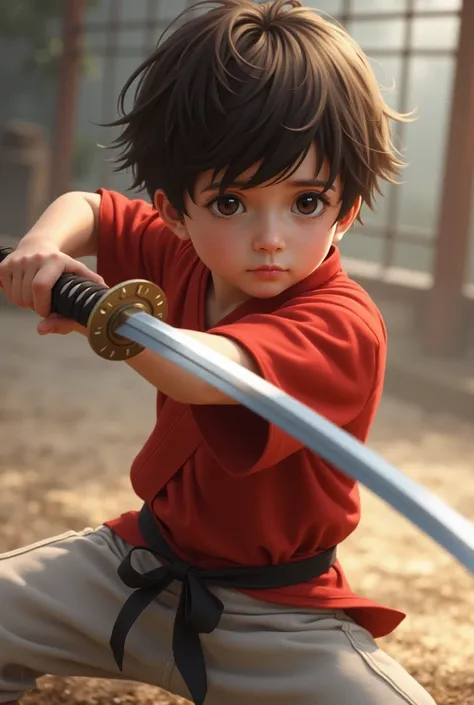 a boy with on average brown hair, dark brown eyes, a red shirt on top and white on bottom,with a katana style sword