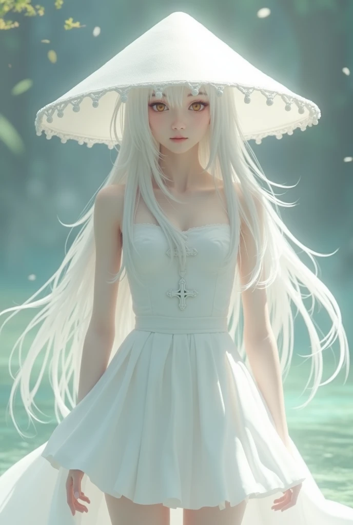 She had white hair and was wearing a short white dress with a cross in the middle.、Draw a girl wearing a wide-brimmed white hat that Japanese people would like.