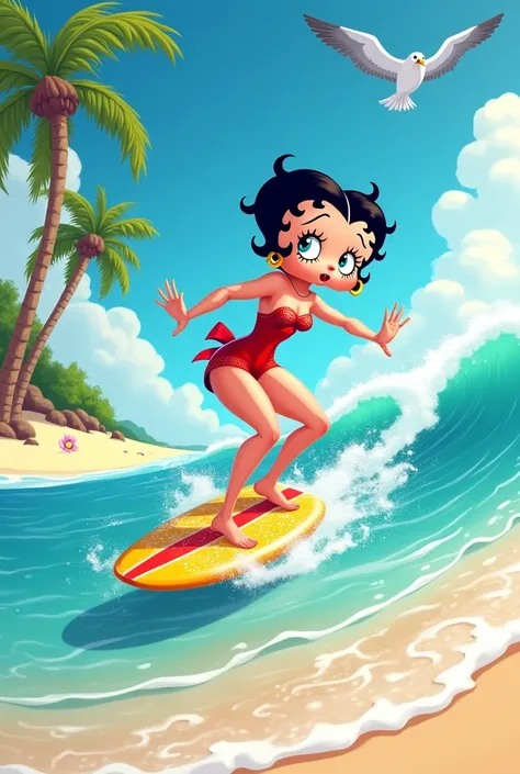 Bettyboop,Play surfing on the beach