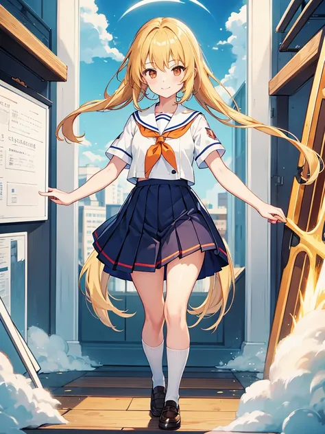 masterpiece, best quality, extremely detailed, anime, 1girl solo girl, shoulder length hair, short side part, blonde, red-orange eyes, school uniform, white sailor suit, navy sailor collar, navy pleated skirt, white socks, calf socks, loafers, short sleeve...