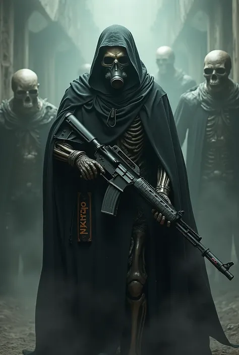 executioner with toxic gases and a mask with a rifle Words "QRTN" and Featured Executioner Skulls Background 