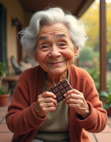 A little grandmother, about 70 years old, holding a chocolate bar. In the background is his patio in the house