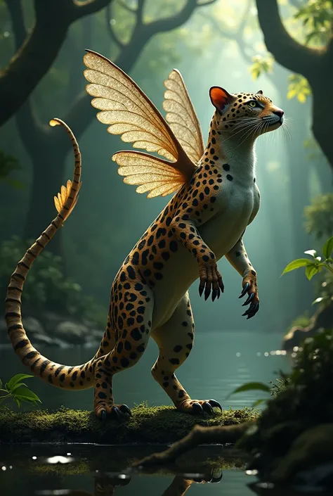 A fantastic creature with the body of a jaguar, iguana tail, axolotl head, Hummingbird wings and Hacafaisan paws