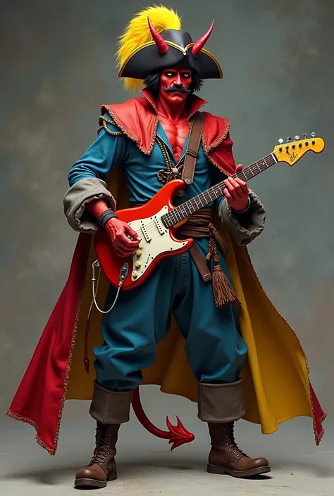 he has yellow eyes, red skin, dark mustache, short dark hair, red horns, black pirate hat with a yellow feather, a red cape with a yellow inside, a blue medieval outfit, a blue-gray medieval pants, and brown medieval boots, he uses a guitar and a rapier, a...