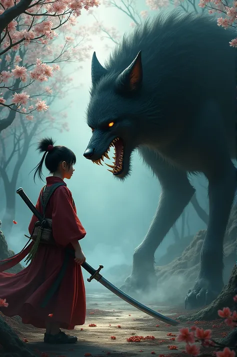 Create an image of a Bushido apprentice vs a wolf demon face to face 