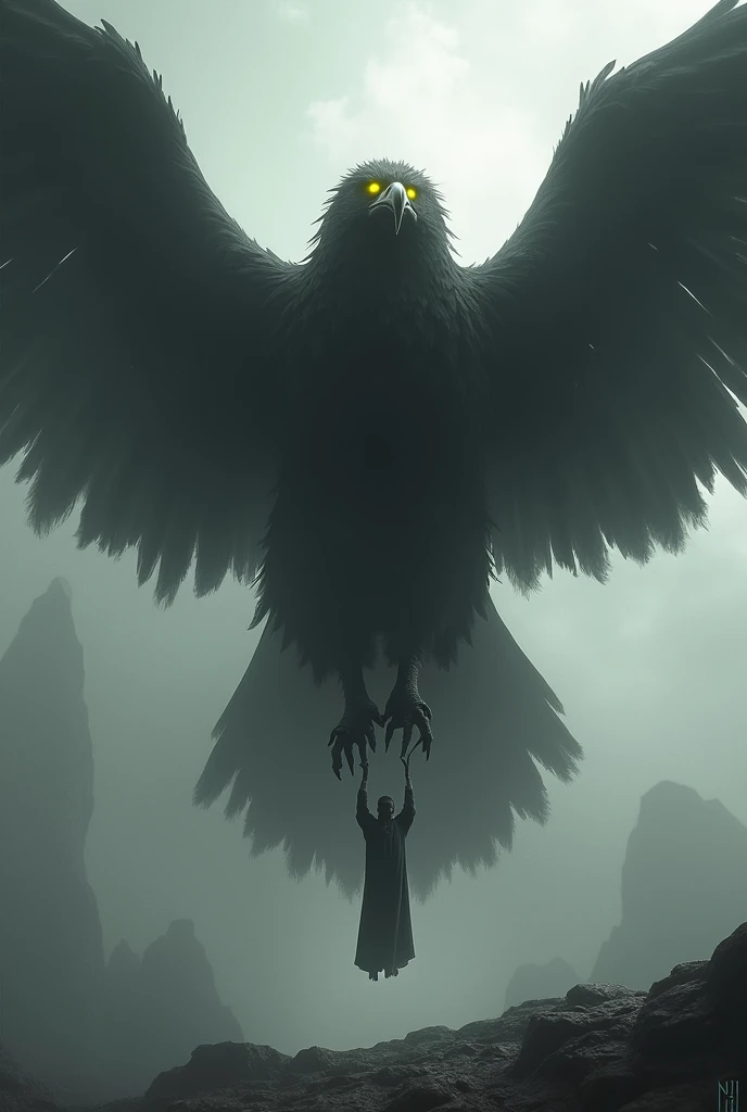 Make a black and smoky spectral eagle with glowing yellow eyes, huge, with wings spread carrying a man to the sky