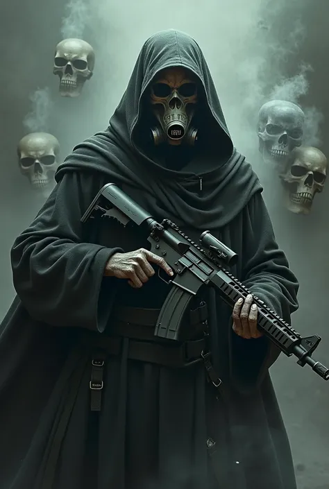 executioner with toxic gases and a mask with a rifle Words "QRTN" and Featured Executioner Skulls Background 