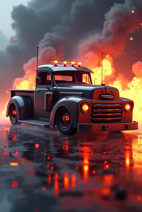 Image of a modified 3D truck logo. This looks strong and stable, plus the paint shines and there is airbrushing on the back of the truck. there are several types of sound systems in the trucks bed,depicted in detail around the truck.the flames are random c...