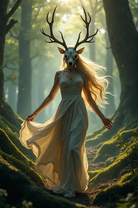 Generates a Nordic woman with a wolf skull mask with deer antlers, and that the woman dances in a forest