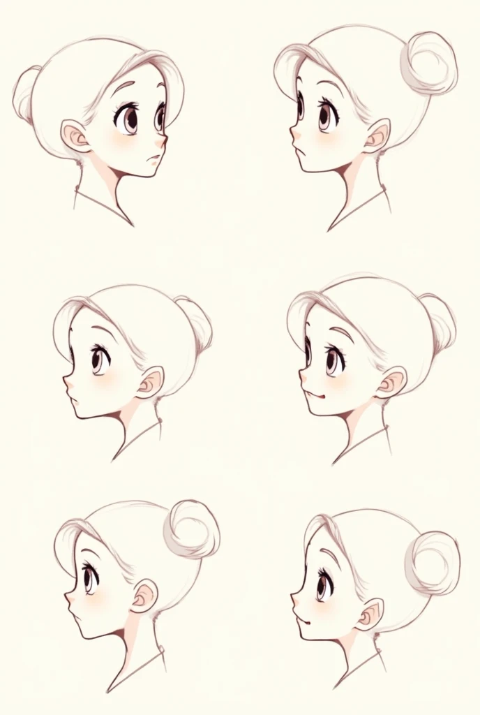 female face sketches with front and side, manga style drawing with disney, multiple face angles with the same expression and the same character on the same axis 