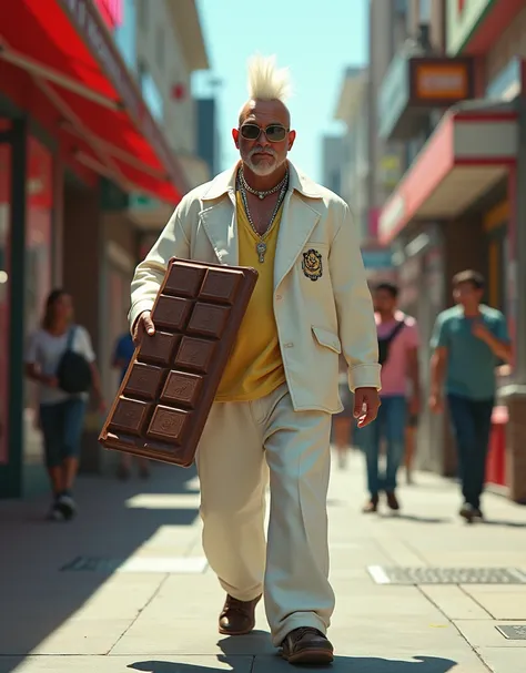 Bad Bunny holding a chocolate bar while walking on the street