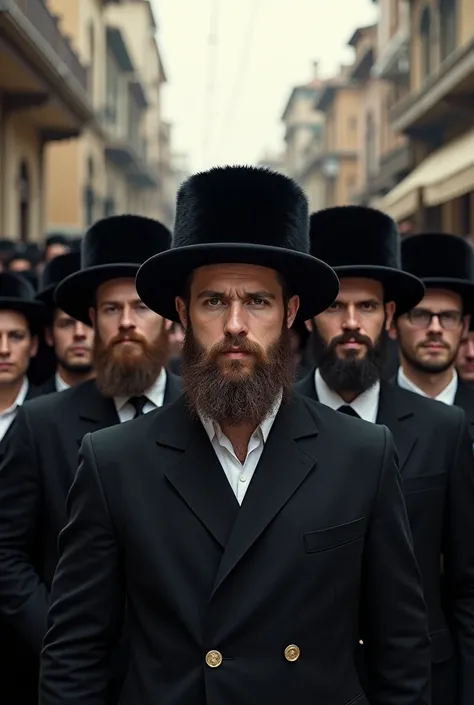 A group of 20 year old Jewish men with shtraimlech black fur hat and many women in front in a Jewish residential area focus on face characters realistic image.