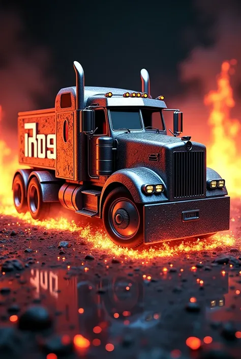 Image of a modified 3D truck logo. This looks strong and stable, plus the paint shines and there is airbrushing on the back of the truck. there are several types of sound systems in the trucks bed,depicted in detail around the truck.the flames are random c...