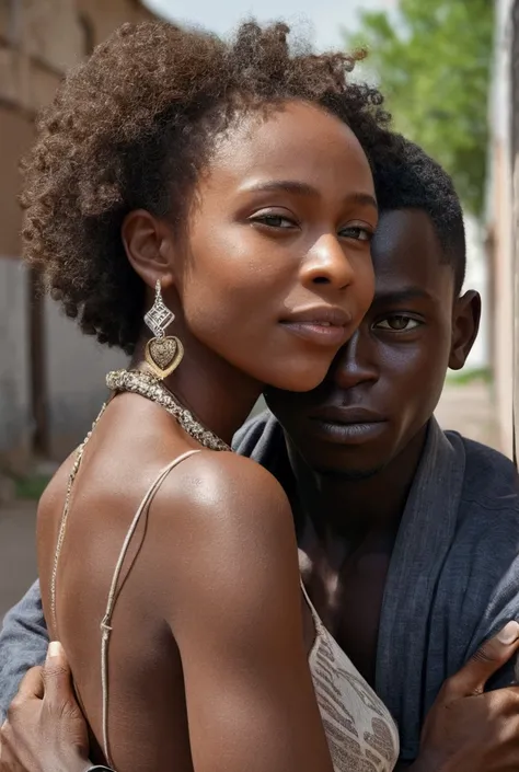 Beautiful Caucasian woman 30 years old hugging sexy a homeless black African boy  realism 4k Breasts, 