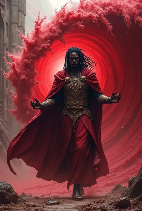 mature adult black man blue eyes medieval nobility without armor with cloak long skirt long rasta hair imposing powerful, releasing the power of the blood tsunami

