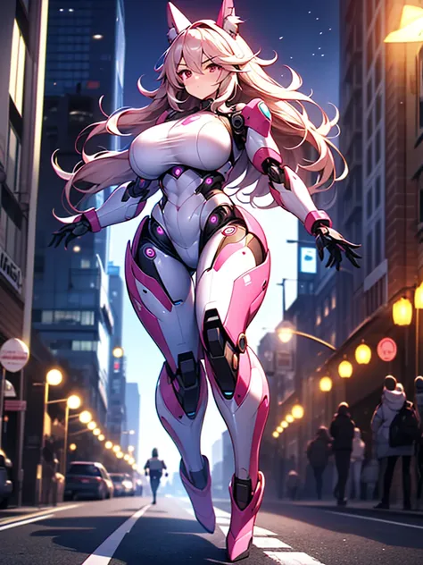 A dynamic girl-type robot with a huge and heavy-looking body.、Running and moving、solo、Metallic pink body、Extremely long legs、Perfect proportions