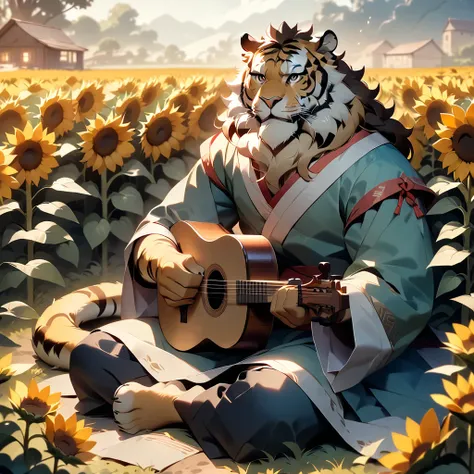 masterpiece, best quality, very aesthetic, absurdres, BREAK noise reduction, BREAK super fine illustration, insanity detailed, ultra detailed, BREAK [face:full body:10], looking away, from above, professional lighting, BREAK bard, plump middle-aged tiger m...