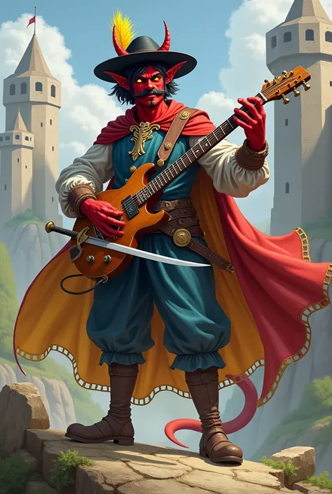 he has yellow eyes, red skin, dark mustache, short dark hair, red horns, black hat with a yellow feather, a red cape with a yellow inside, a blue medieval outfit, a blue-gray medieval pants, and brown medieval boots, he uses a guitar and a rapier, and also...