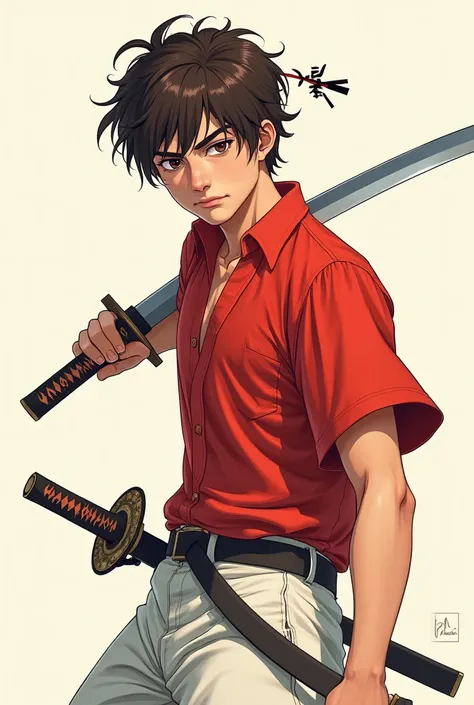 a guy with average messy brown hair, dark brown eyes, a red shirt on top and white on the bottom,with a katana style sword