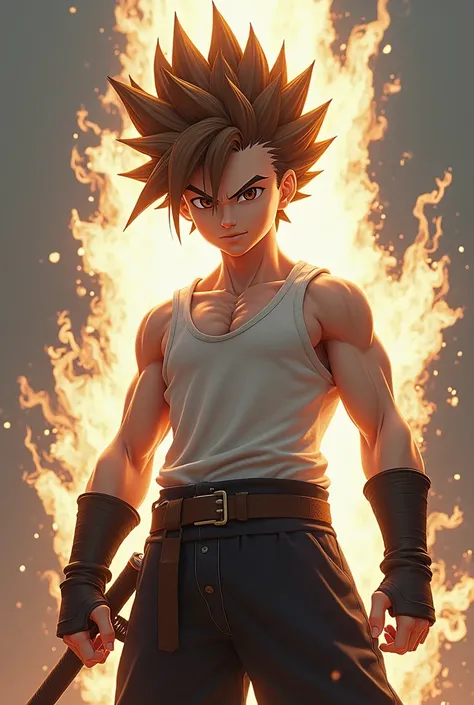 Create a character with brown hair Dragon Ball Z trait 1,68 tall, defined body with a sword, he wears a tank top and black pants and wears cuffs on each arm and has brown eyes and is white, young, 1, short hair similar to Trunks, clothes in the style of Fi...