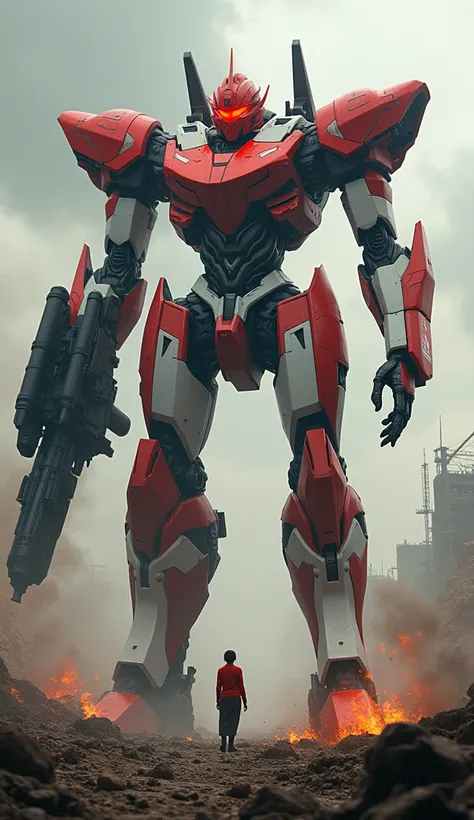 Make a robot from a very good national flag from an Indonesian flag that is better like a future robot and very big that is more like a cyborg who is still at war and is on a rampage and then he attacks the whole world and destroys the universe and he dest...